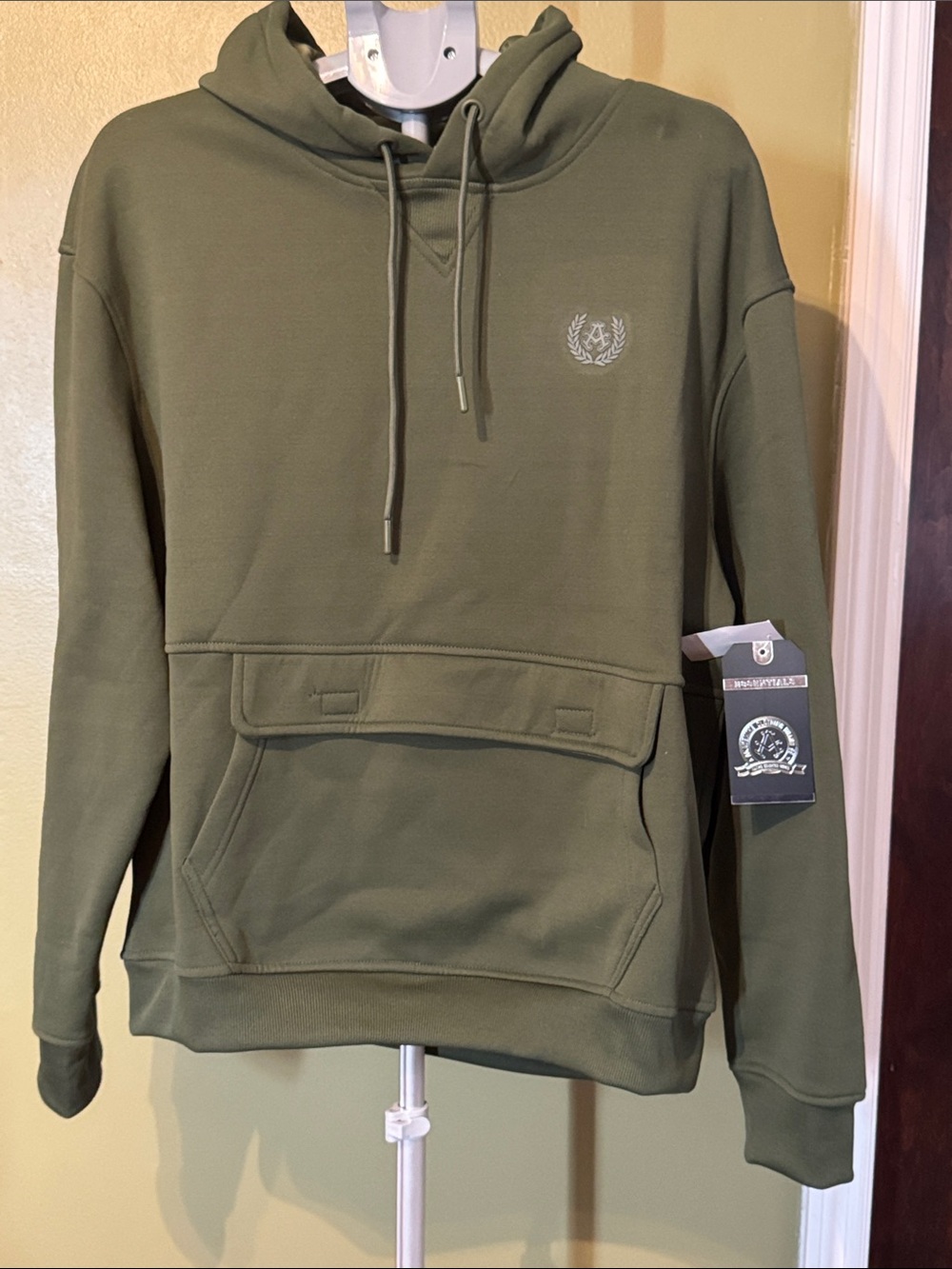 Essentials Olive Hooded Pullover with Embroidered Crest